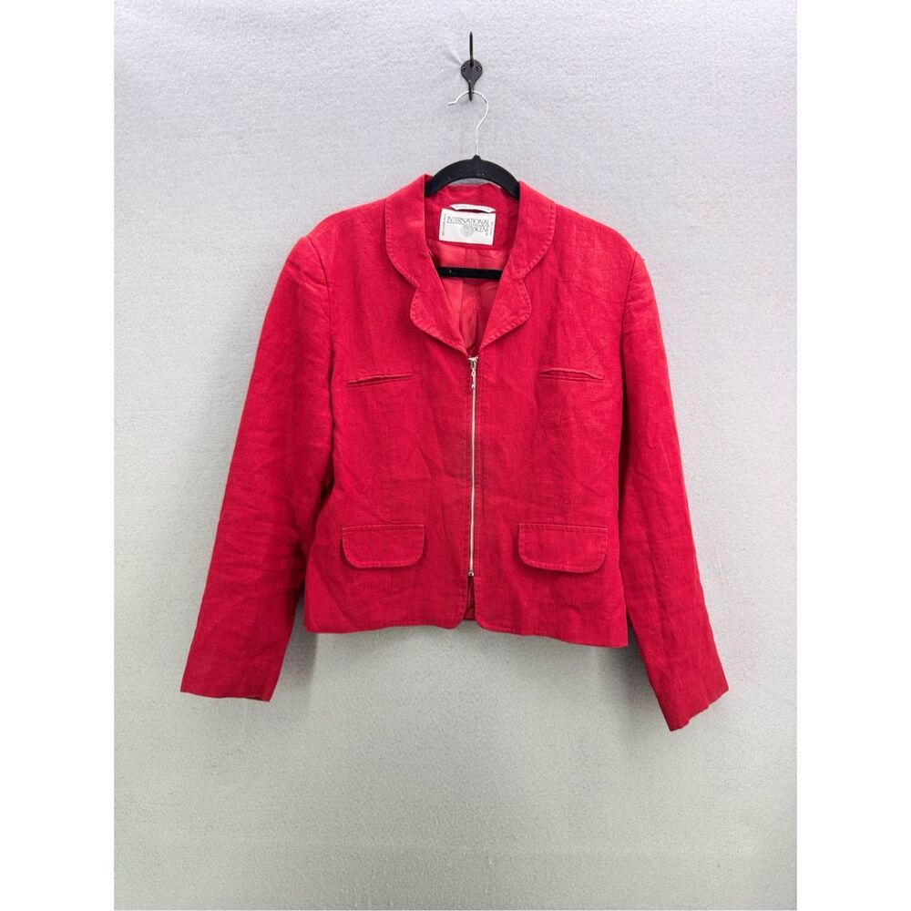 Vintage International Scene Womens Red Linen Zip Front Blazer Jacket Size 12